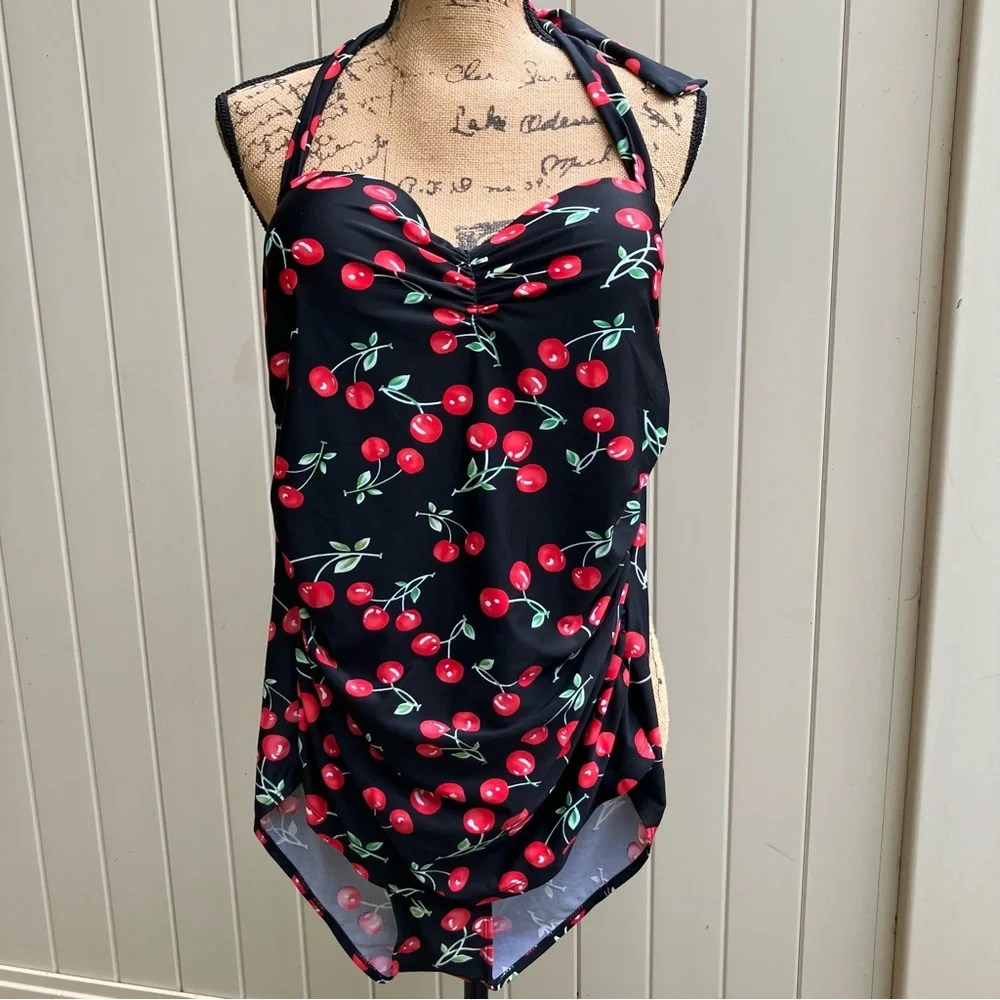 COCOSHIP cherry one piece swimsuit 3XL halter pinup 50s retro